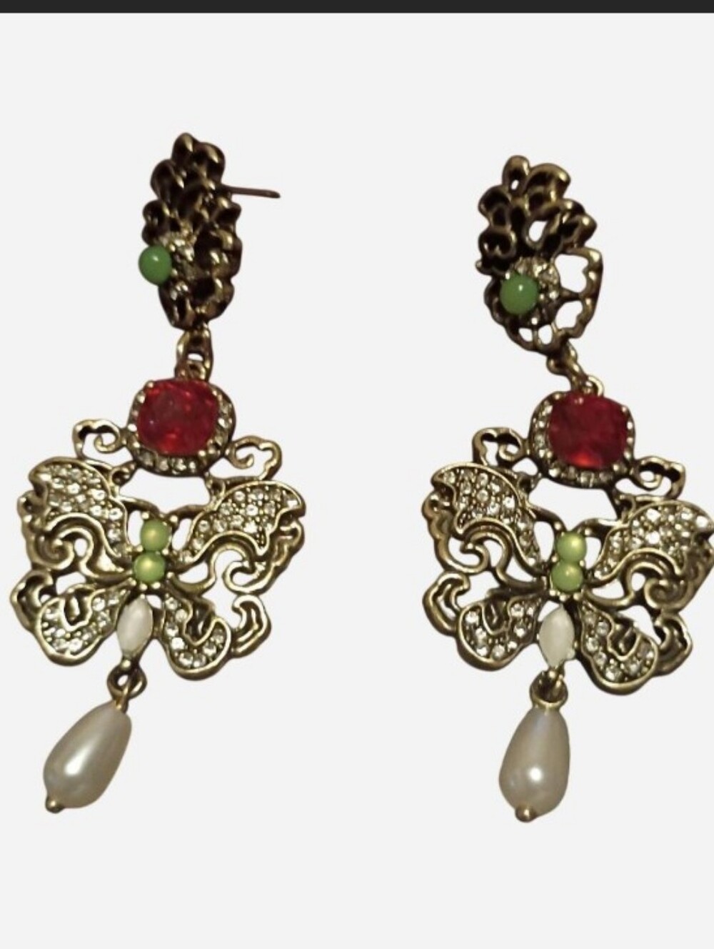 Gold-Tone Filigree Drop Earrings with Red and Green Accents 2.5 Inches